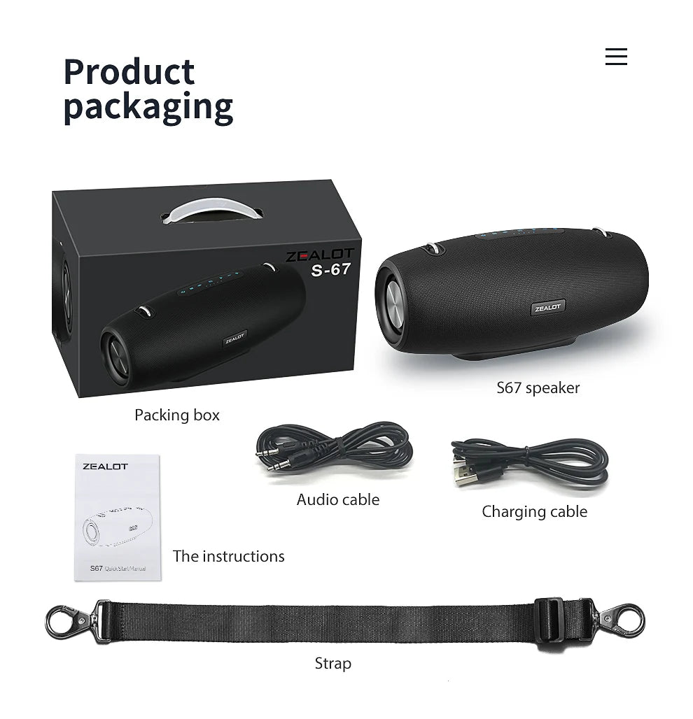 Zealot S67 Wireless Speaker WithShoulder Strap,Outdoor,Waterproof,Portable Speaker with Loud Stero and Booming Bass,40H Playtime