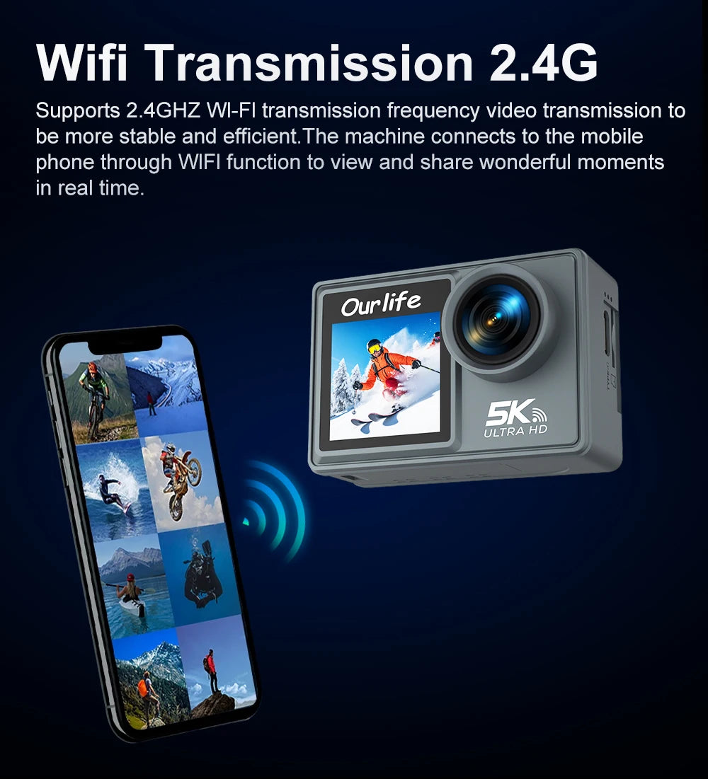 Ourlife MTR40 5K Action Camera 2.0" IPS Touch Screen 5X Zoom Action Cam WiFi EIS 170° 30M Waterproof Professional Sports Camera